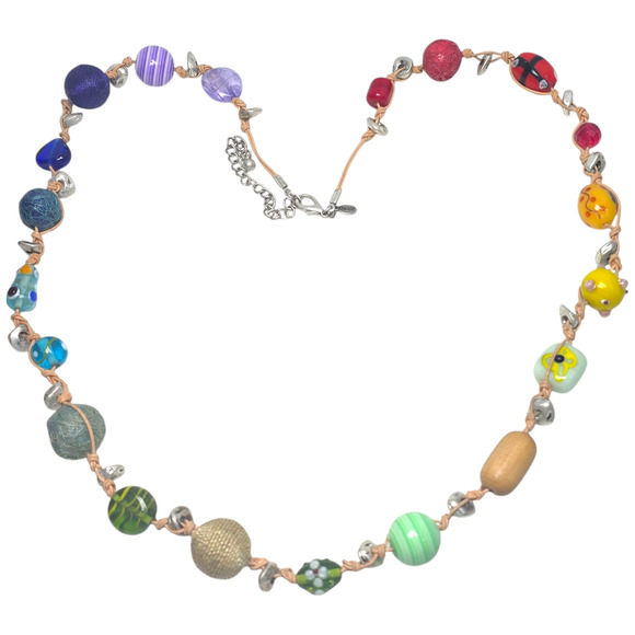 Chico's Long Large Colorful Rainbow Beaded Necklace Glass Wood Thread Multi - Picture 2 of 5